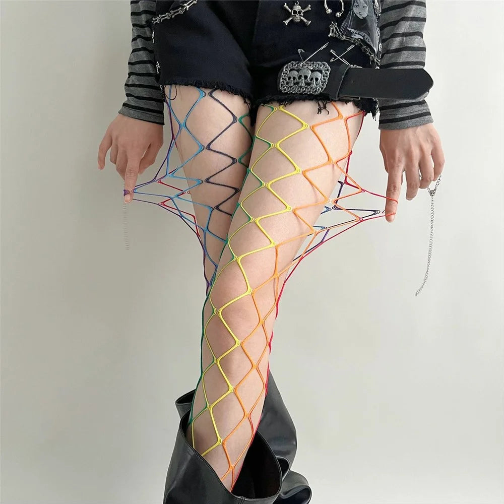 Rainbow Gradient Fishnet Stockings Asymmetric Hollow Out Mesh Pantyhose for Retro Style - Large Net  /  Rainbow Style - 6