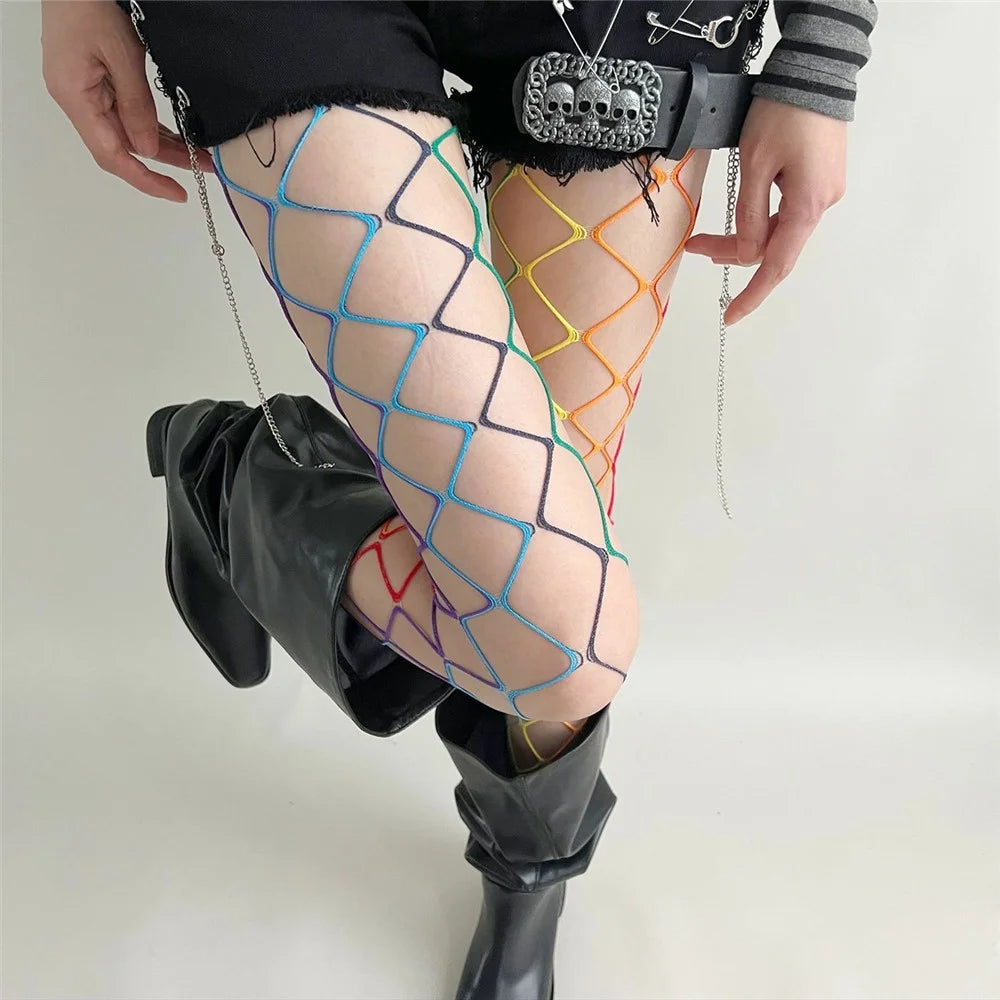 Rainbow Gradient Fishnet Stockings Asymmetric Hollow Out Mesh Pantyhose for Retro Style - Large Net  /  Rainbow Style - 7