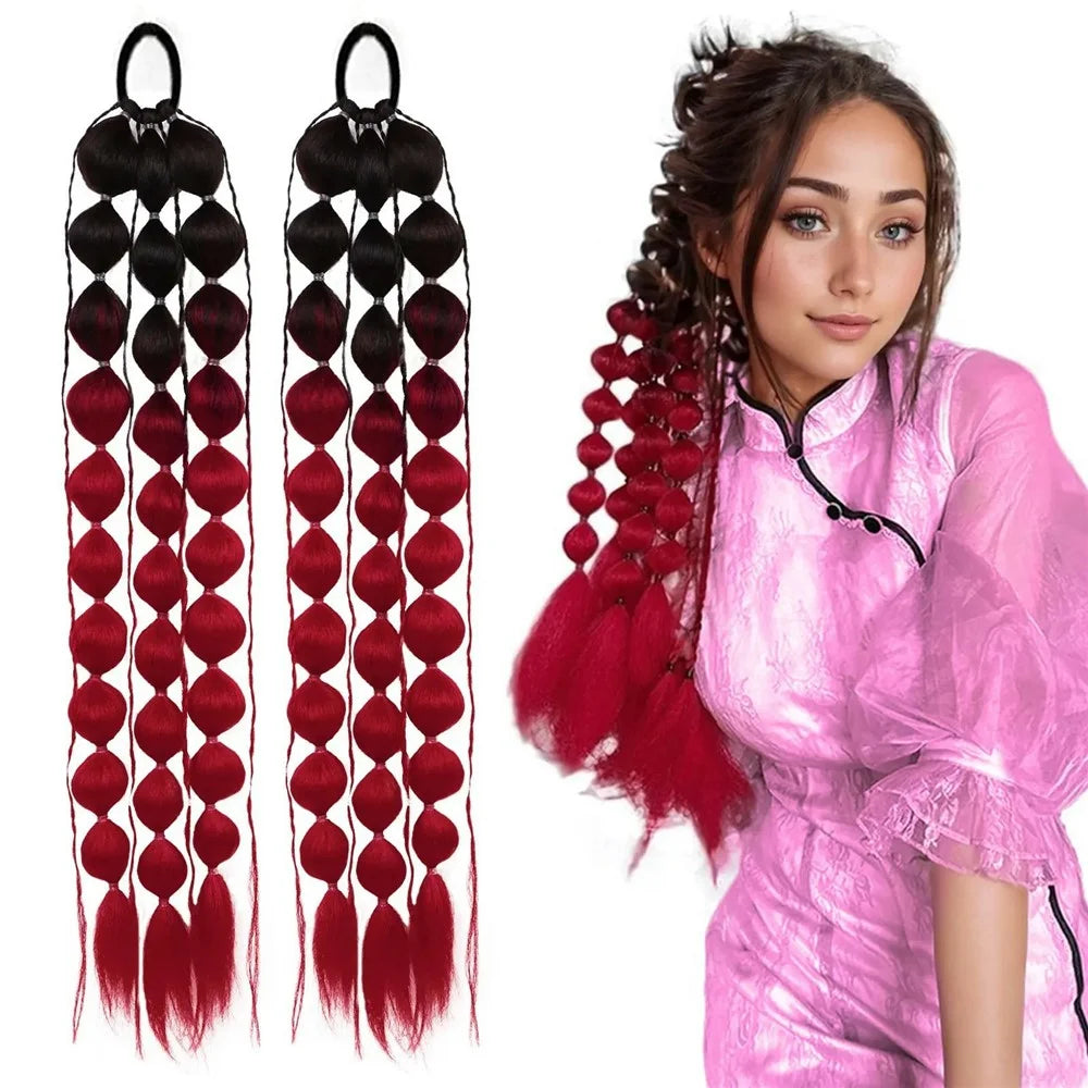 Gradient Bubble Ponytail Hair Extensions Long Braided Performance Wig for Stage Party Cosplay - Light Purple  /  White - 3