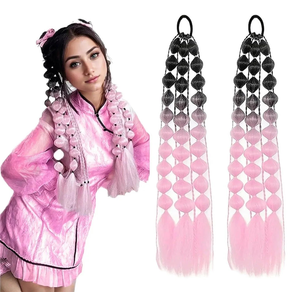 Gradient Bubble Ponytail Hair Extensions Long Braided Performance Wig for Stage Party Cosplay - Light Purple  /  White - 4