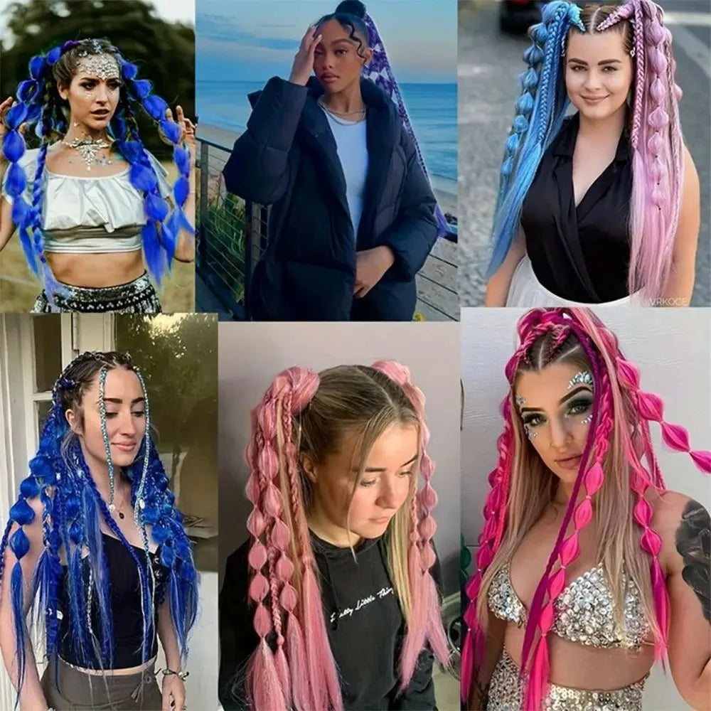 Gradient Bubble Ponytail Hair Extensions Long Braided Performance Wig for Stage Party Cosplay - Light Purple  /  White - 5