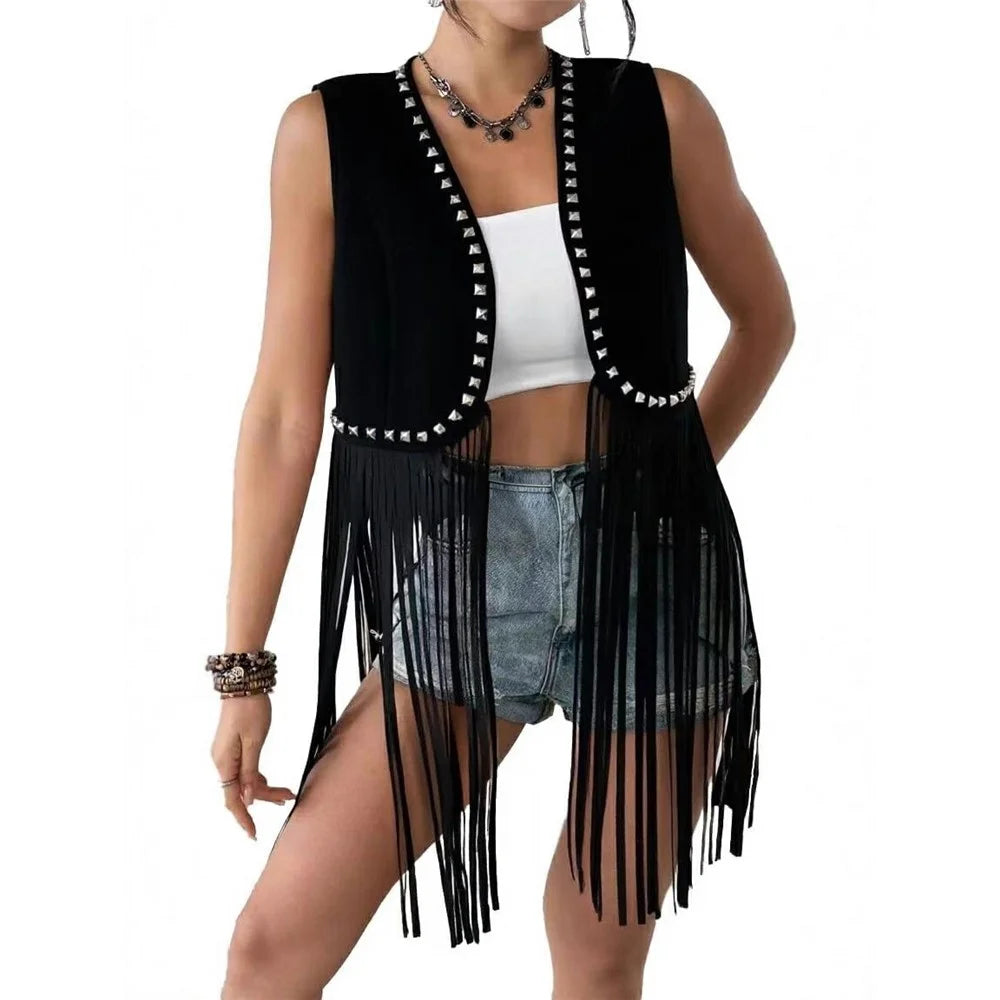 Western Style Fringe Vest Sleeveless Rivet Design Cardigan Hippie Retro Style Jacket for Festival Party - Black  /  S - 1