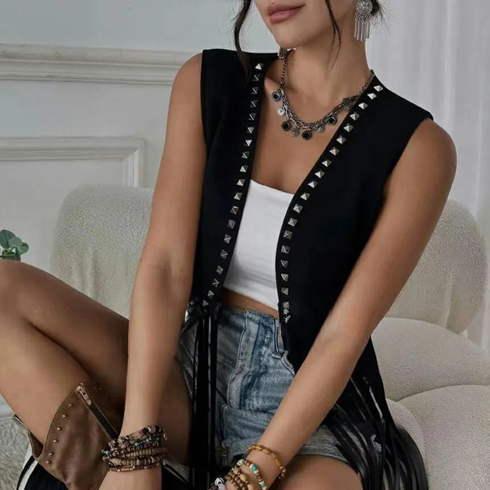 Western Style Fringe Vest Sleeveless Rivet Design Cardigan Hippie Retro Style Jacket for Festival Party - Black  /  S - 2
