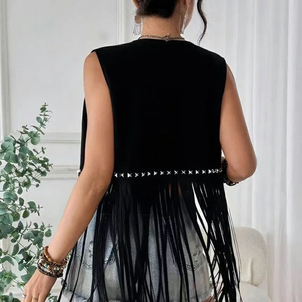 Western Style Fringe Vest Sleeveless Rivet Design Cardigan Hippie Retro Style Jacket for Festival Party - Black  /  S - 3