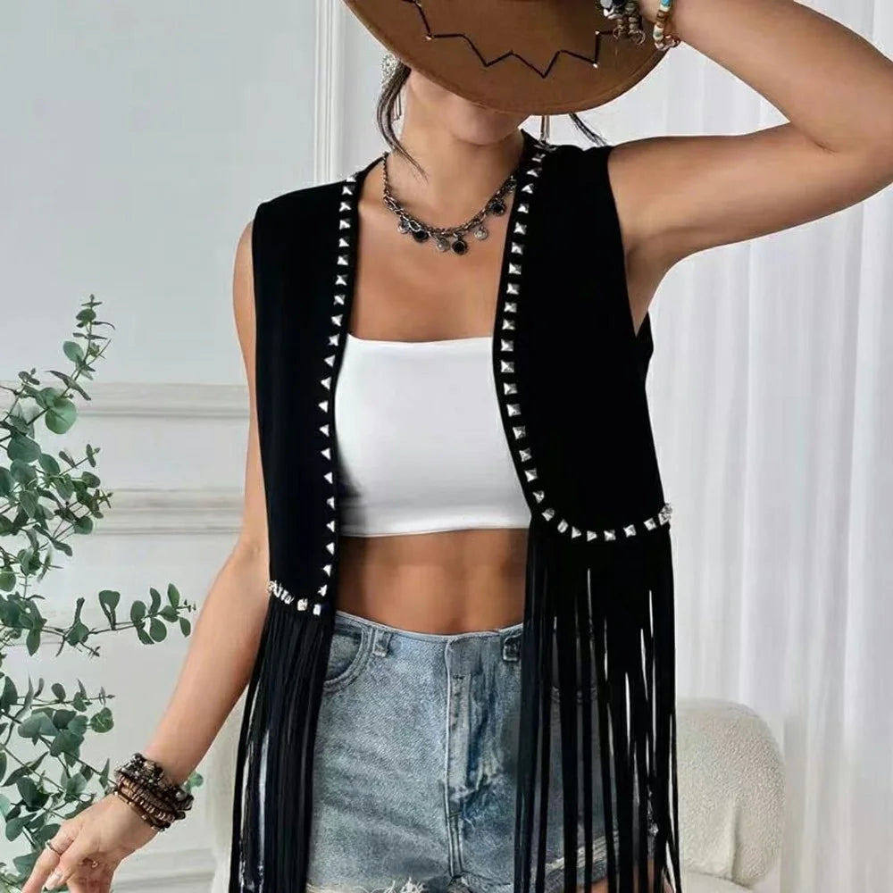 Western Style Fringe Vest Sleeveless Rivet Design Cardigan Hippie Retro Style Jacket for Festival Party - Black  /  S - 4