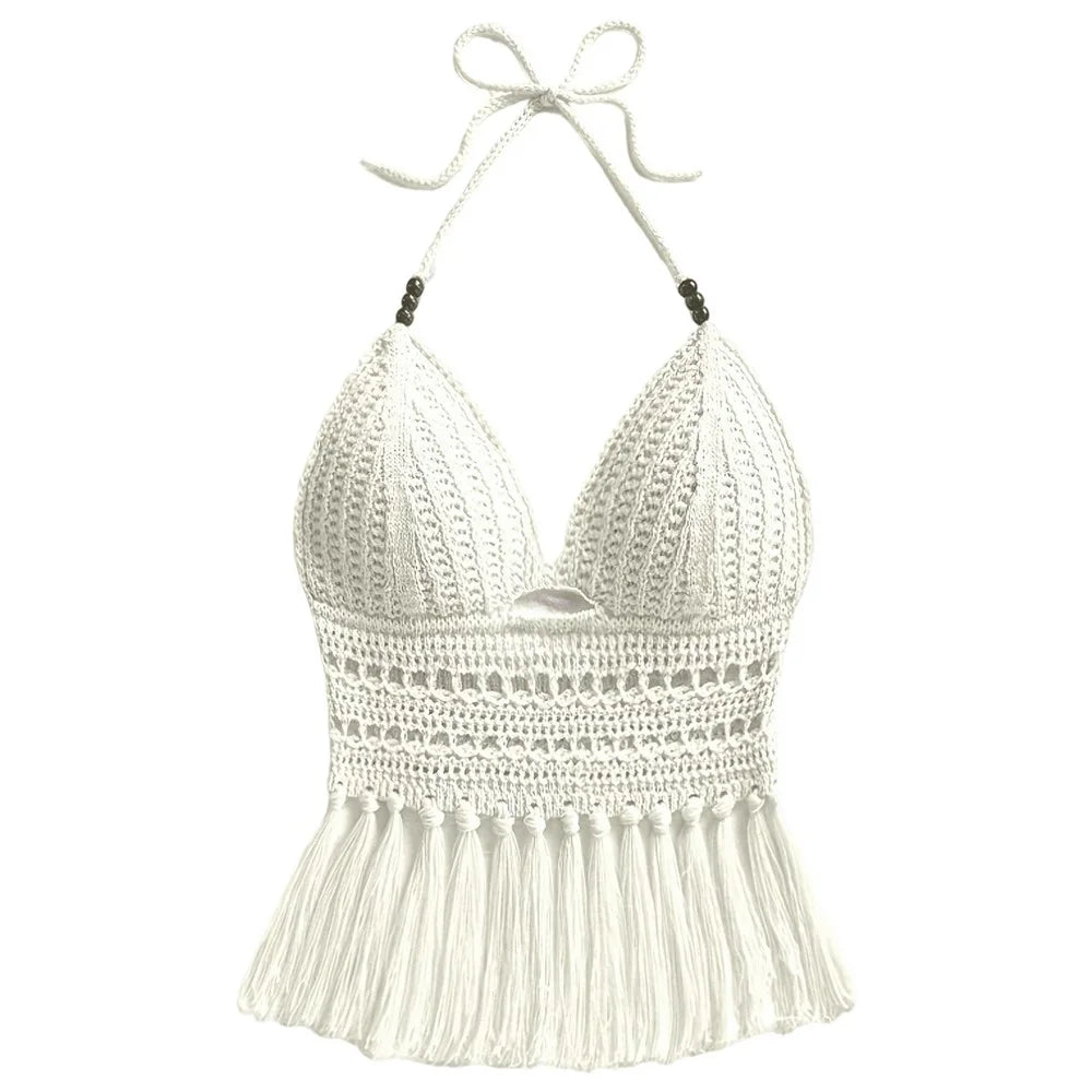 Hollow Out V Neck Knit Tank Top Sleeveless Vest Crochet Halter Cropped Top with Tassels for Summer Beach - White  /  S - 1