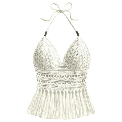 Hollow Out V Neck Knit Tank Top Sleeveless Vest Crochet Halter Cropped Top with Tassels for Summer Beach - White  /  S - 1