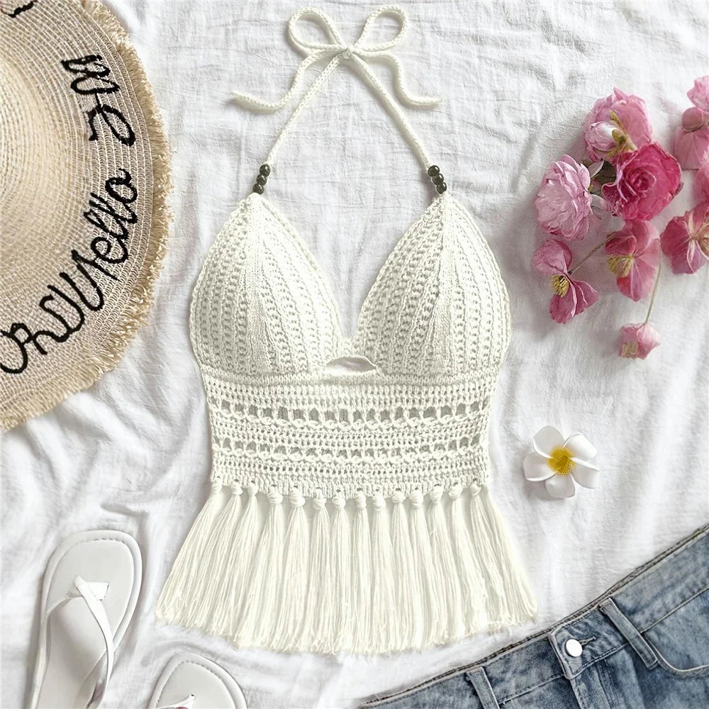 Hollow Out V Neck Knit Tank Top Sleeveless Vest Crochet Halter Cropped Top with Tassels for Summer Beach - White  /  S - 2