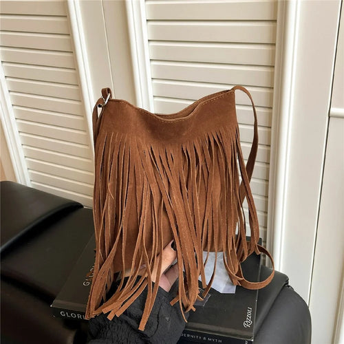 Western Style Fringe Tote Bag Underarm Faux Suede Tassel Shoulder Bag for Commute Daily - Brown - 1