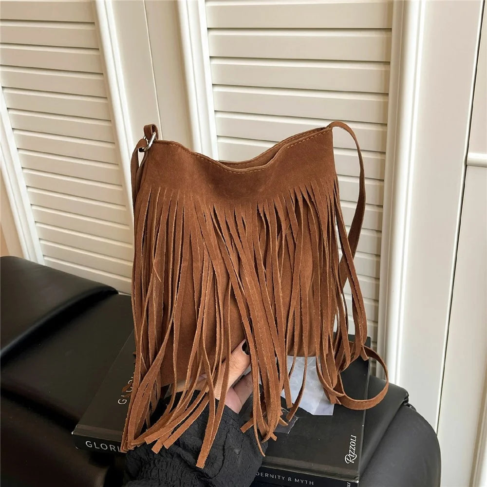 Western Style Fringe Tote Bag Underarm Faux Suede Tassel Shoulder Bag for Commute Daily - Brown - 1