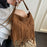 Western Style Fringe Tote Bag Underarm Faux Suede Tassel Shoulder Bag for Commute Daily - Brown - 2