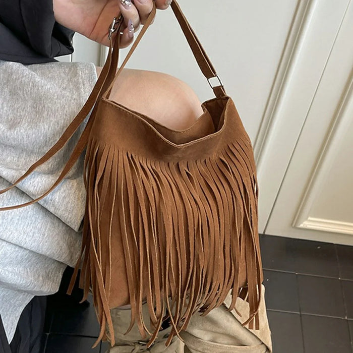 Western Style Fringe Tote Bag Underarm Faux Suede Tassel Shoulder Bag for Commute Daily - Brown - 2