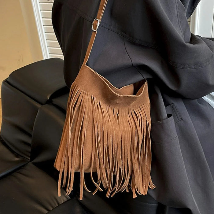 Western Style Fringe Tote Bag Underarm Faux Suede Tassel Shoulder Bag for Commute Daily - Brown - 4