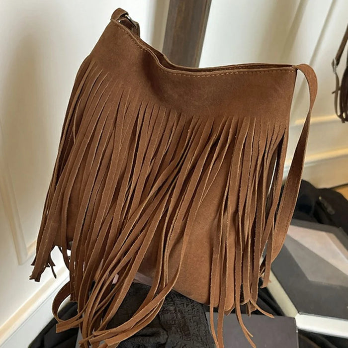 Western Style Fringe Tote Bag Underarm Faux Suede Tassel Shoulder Bag for Commute Daily - Brown - 5