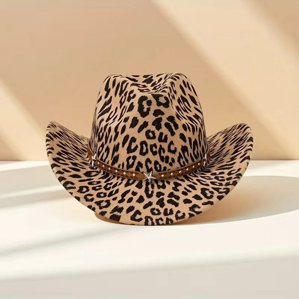 Leopard Print Western Cowboy Hat Jazz Hat with Studded Star Metal Decoration for Women Outdoor Fashion - 3