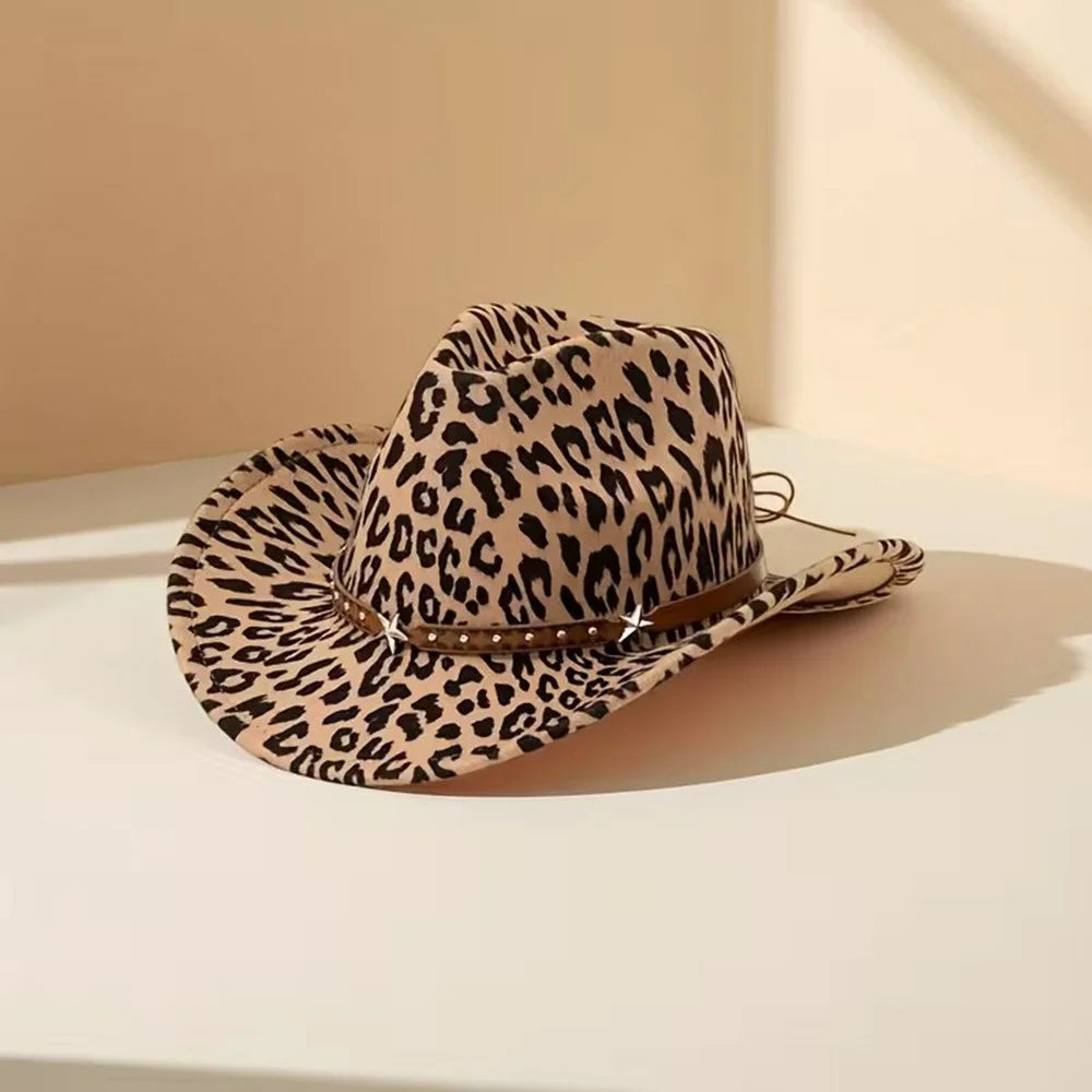 Leopard Print Western Cowboy Hat Jazz Hat with Studded Star Metal Decoration for Women Outdoor Fashion - 4