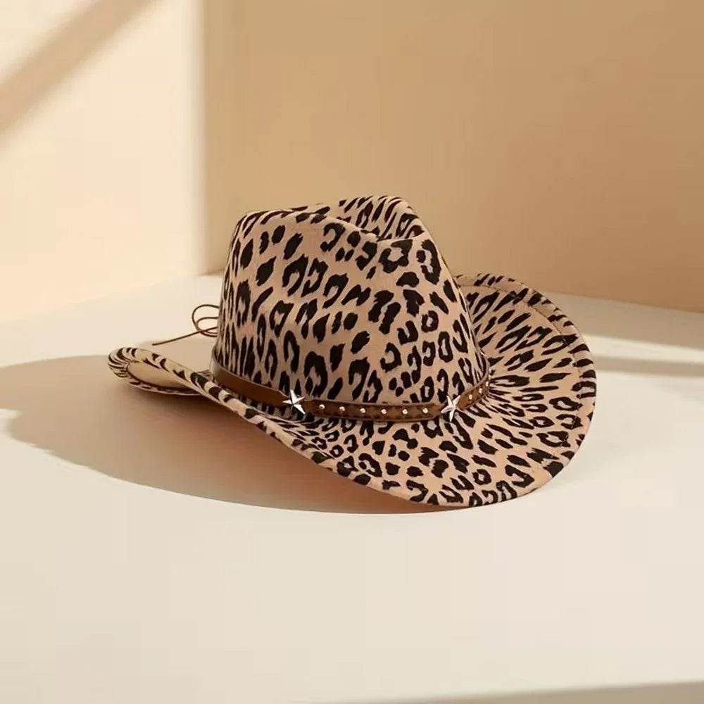 Leopard Print Western Cowboy Hat Jazz Hat with Studded Star Metal Decoration for Women Outdoor Fashion - 5