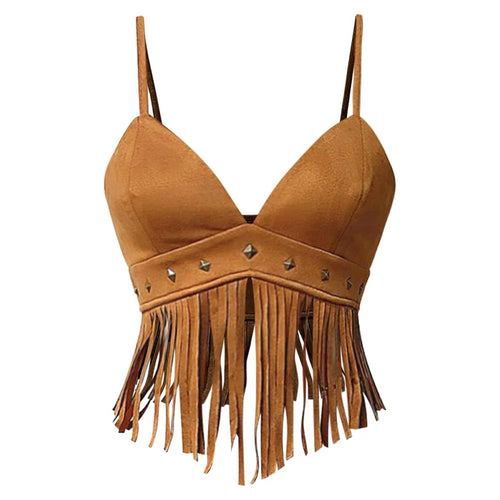 Women Y2K Fringe Sleeveless Spaghetti Strap Rivet Cropped Tank Top Faux Suede Vintage Hippie Style Crop Top - Brown  /  S - 1