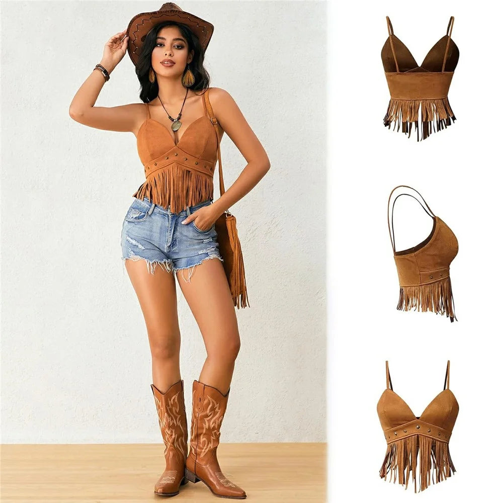 Women Y2K Fringe Sleeveless Spaghetti Strap Rivet Cropped Tank Top Faux Suede Vintage Hippie Style Crop Top - Brown  /  S - 2