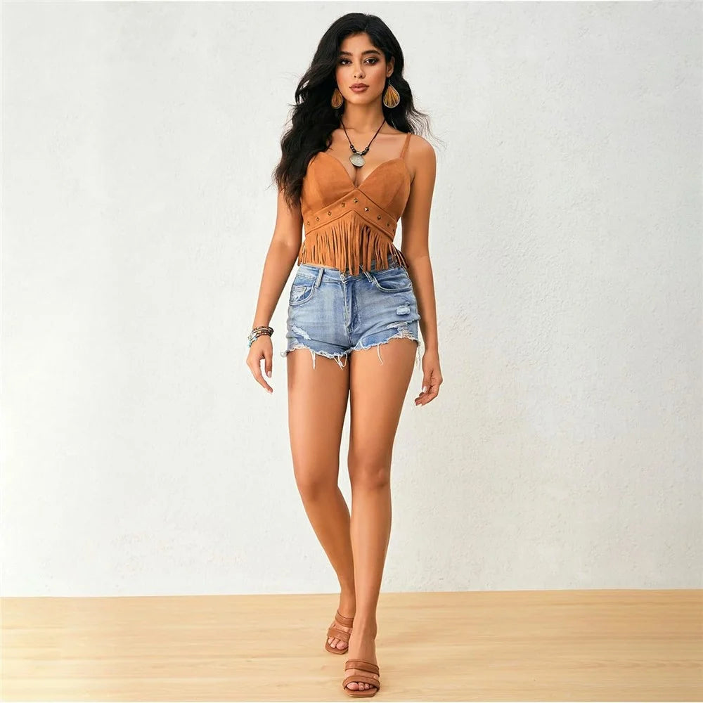 Women Y2K Fringe Sleeveless Spaghetti Strap Rivet Cropped Tank Top Faux Suede Vintage Hippie Style Crop Top - Brown  /  S - 4
