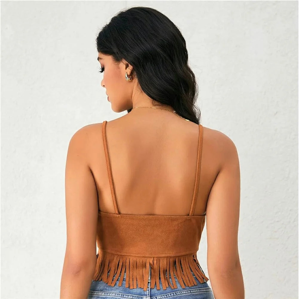 Women Y2K Fringe Sleeveless Spaghetti Strap Rivet Cropped Tank Top Faux Suede Vintage Hippie Style Crop Top - Brown  /  S - 5