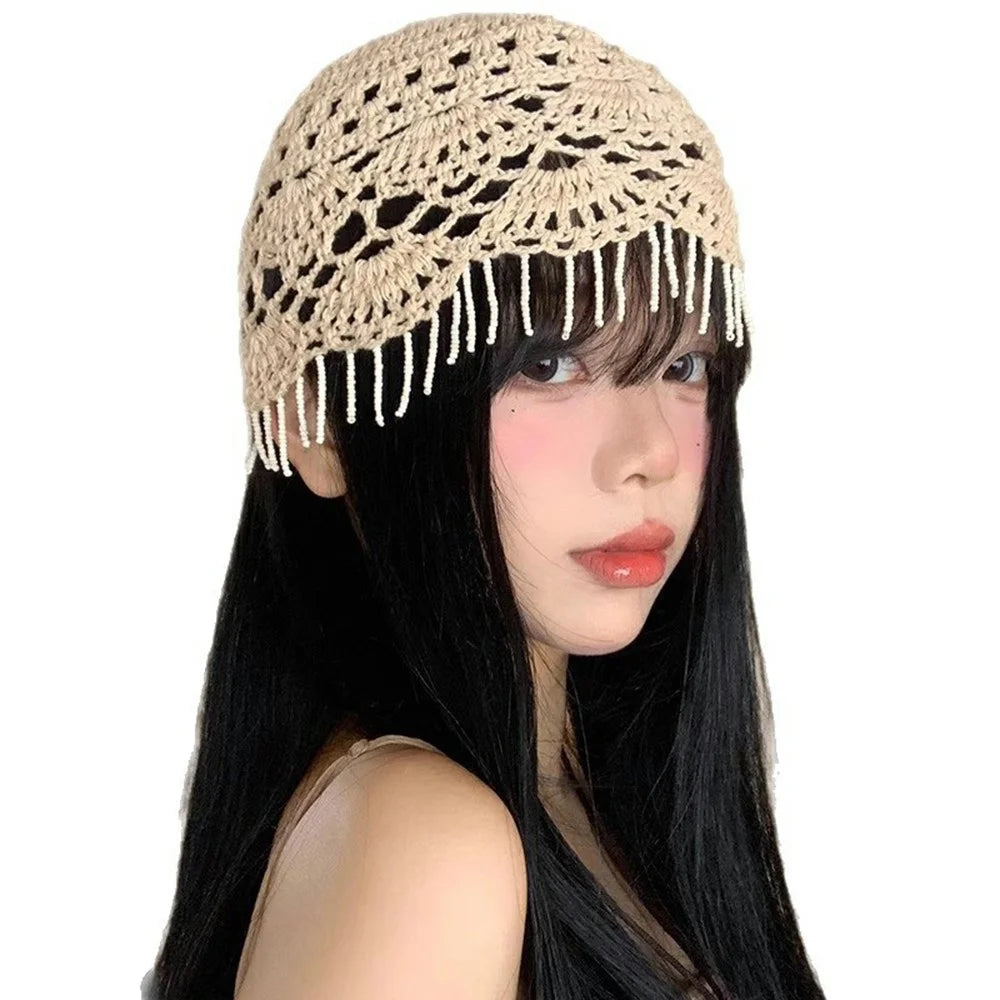 Women's Handmade Crochet Beanie Cap Face Slimming Head Covering Openwork Fringe Knit Hat for Daily Fashion - Beige - 1