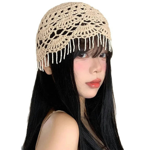 Women's Handmade Crochet Beanie Cap Face Slimming Head Covering Openwork Fringe Knit Hat for Daily Fashion - Beige - 1