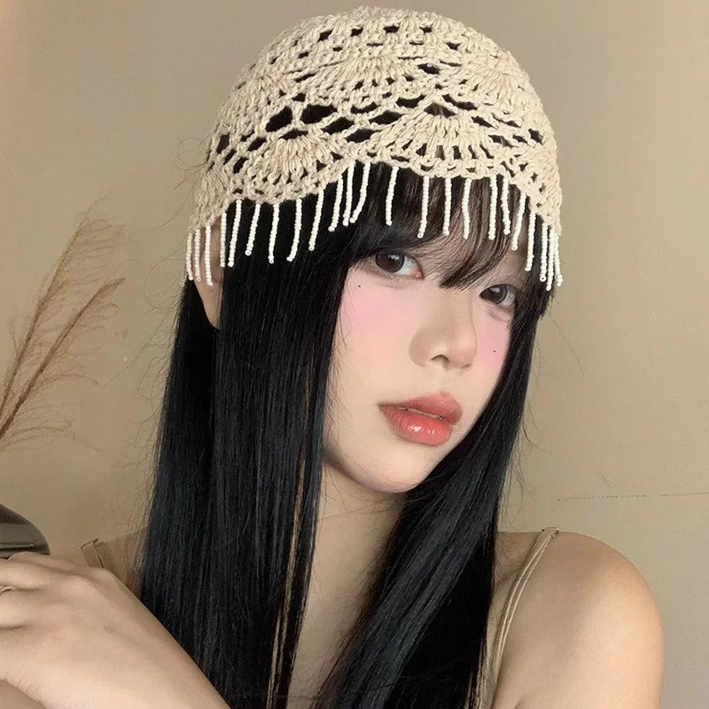 Women's Handmade Crochet Beanie Cap Face Slimming Head Covering Openwork Fringe Knit Hat for Daily Fashion - Beige - 3