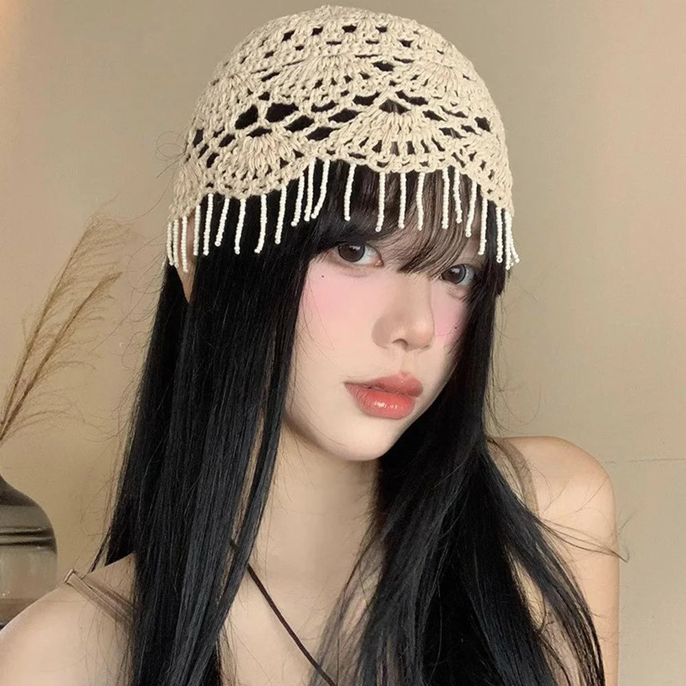 Women's Handmade Crochet Beanie Cap Face Slimming Head Covering Openwork Fringe Knit Hat for Daily Fashion - Beige - 4