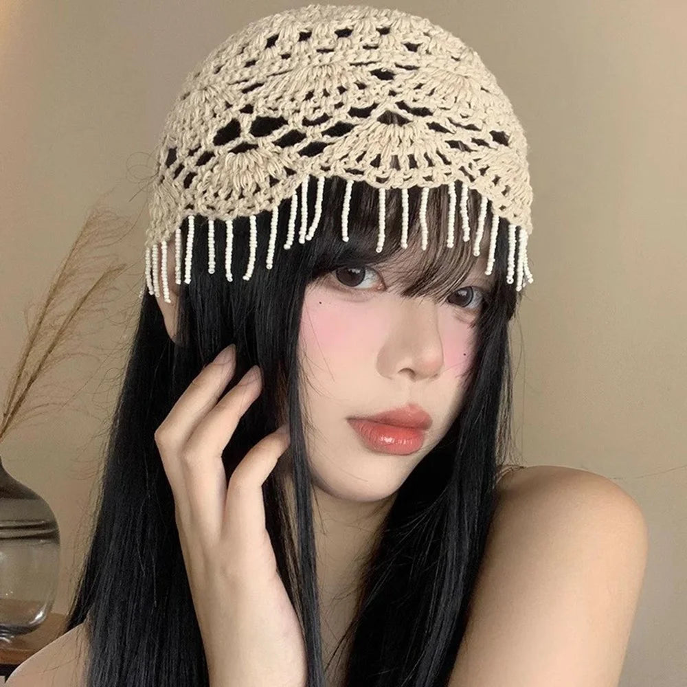 Women's Handmade Crochet Beanie Cap Face Slimming Head Covering Openwork Fringe Knit Hat for Daily Fashion - Beige - 5