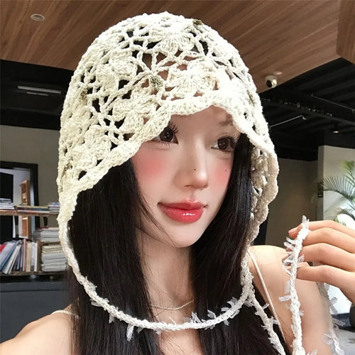 Handmade Crochet Hollow Out Floral Tassel Beanie Hat Women Face Slimming Knit Hat for Vacation Daily Wear - Four-Leaf Clover Tassels  /  Beige - 1