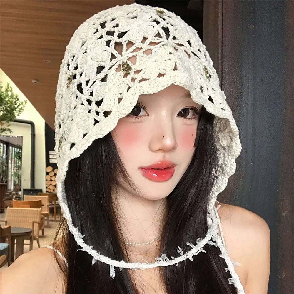 Handmade Crochet Hollow Out Floral Tassel Beanie Hat Women Face Slimming Knit Hat for Vacation Daily Wear - Four-Leaf Clover Tassels  /  Beige - 2