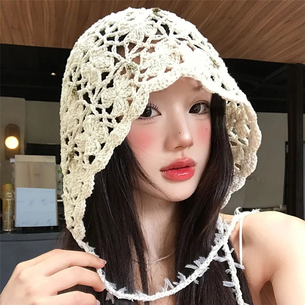 Handmade Crochet Hollow Out Floral Tassel Beanie Hat Women Face Slimming Knit Hat for Vacation Daily Wear - Four-Leaf Clover Tassels  /  Beige - 3