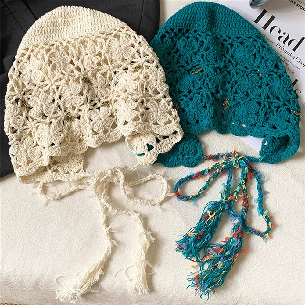 Handmade Crochet Hollow Out Floral Tassel Beanie Hat Women Face Slimming Knit Hat for Vacation Daily Wear - Four-Leaf Clover Tassels  /  Beige - 4