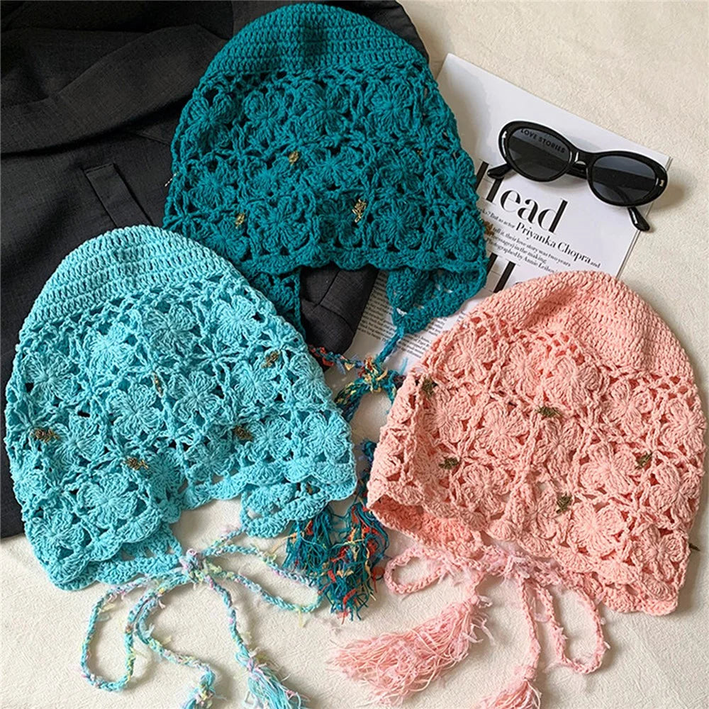 Handmade Crochet Hollow Out Floral Tassel Beanie Hat Women Face Slimming Knit Hat for Vacation Daily Wear - Four-Leaf Clover Tassels  /  Beige - 5