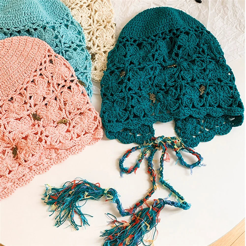 Handmade Crochet Hollow Out Floral Tassel Beanie Hat Women Face Slimming Knit Hat for Vacation Daily Wear - Four-Leaf Clover Tassels  /  Beige - 6
