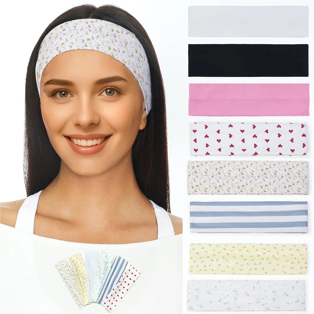 Wide Elastic Headband Sports Yoga Fitness Sweatband Moisture Wicking Running Hair Band for Women - Beige  /  Tiny Floral - 2