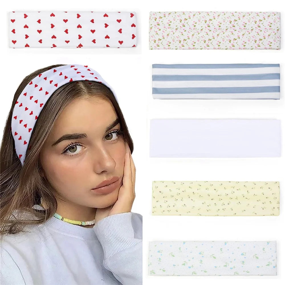 Wide Elastic Headband Sports Yoga Fitness Sweatband Moisture Wicking Running Hair Band for Women - Beige  /  Tiny Floral - 3