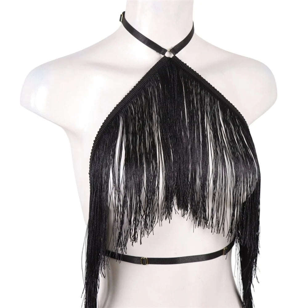 Tassel Halter Crop Top Backless Sleeveless Midriff-Baring Cropped Tank Top for Party Stage Performance - 1