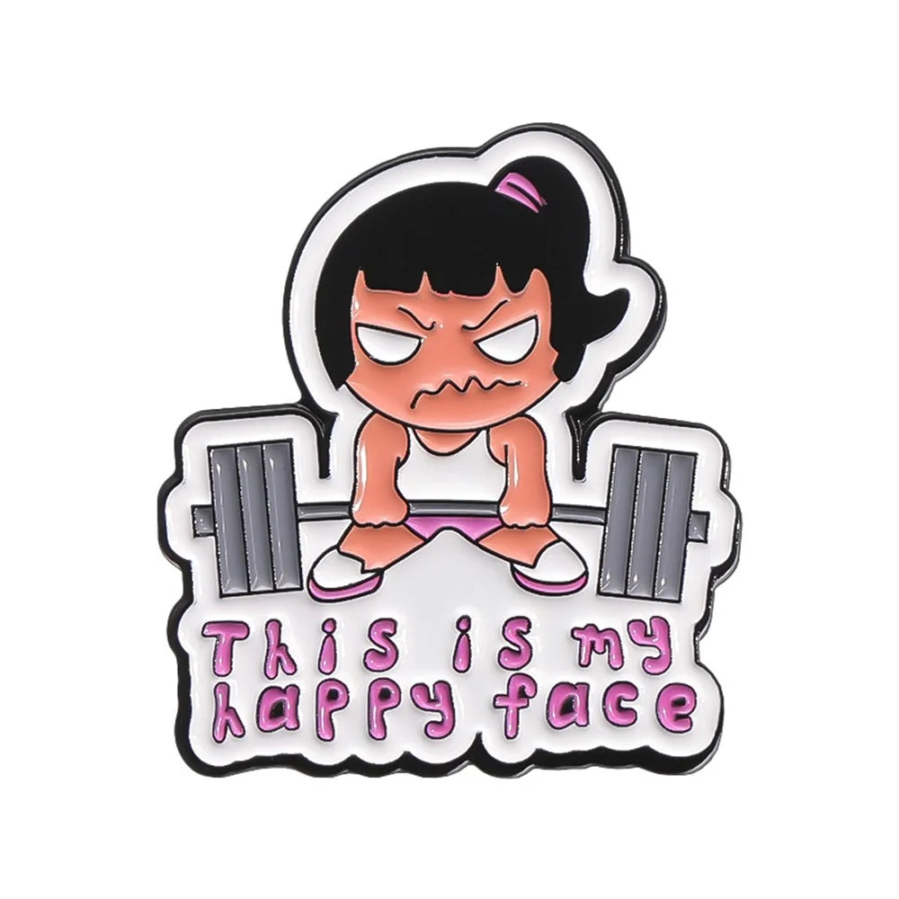 Cartoon Pattern Fitness Girl Lapel Brooch Pin This is My Happy Face Slogan Print Metal Badge for Backpack Clothing - 1
