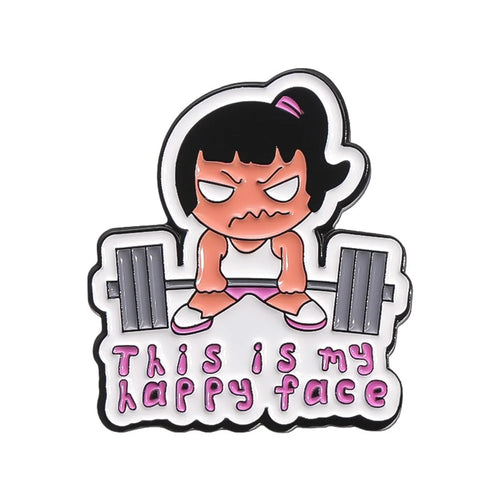 Cartoon Pattern Fitness Girl Lapel Brooch Pin This is My Happy Face Slogan Print Metal Badge for Backpack Clothing - 1