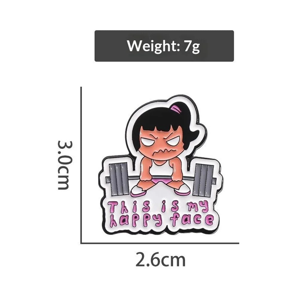 Cartoon Pattern Fitness Girl Lapel Brooch Pin This is My Happy Face Slogan Print Metal Badge for Backpack Clothing - 2