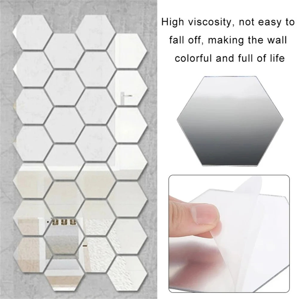 H01209 12Pcs 10 x 8.5 x 5cm Hexagon Mirror Wall Stickers Acrylic Mirror Set Wall Sticker Decal for Home Decor - Silver - 2