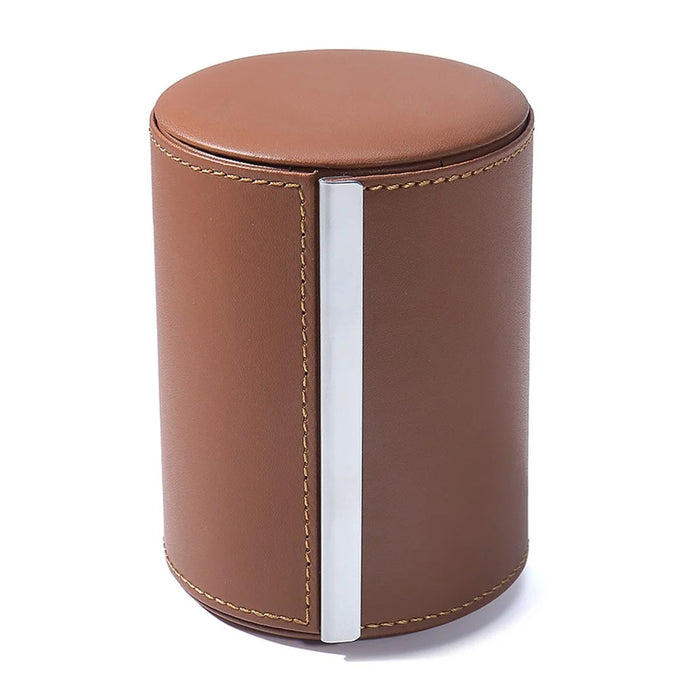Round PU Leather Tie Storage Box Magnetic Closure Gift Storage Organizer Case for Men Business - Dark Brown - 1