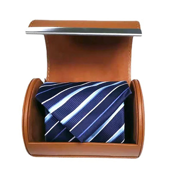Round PU Leather Tie Storage Box Magnetic Closure Gift Storage Organizer Case for Men Business - Dark Brown - 2