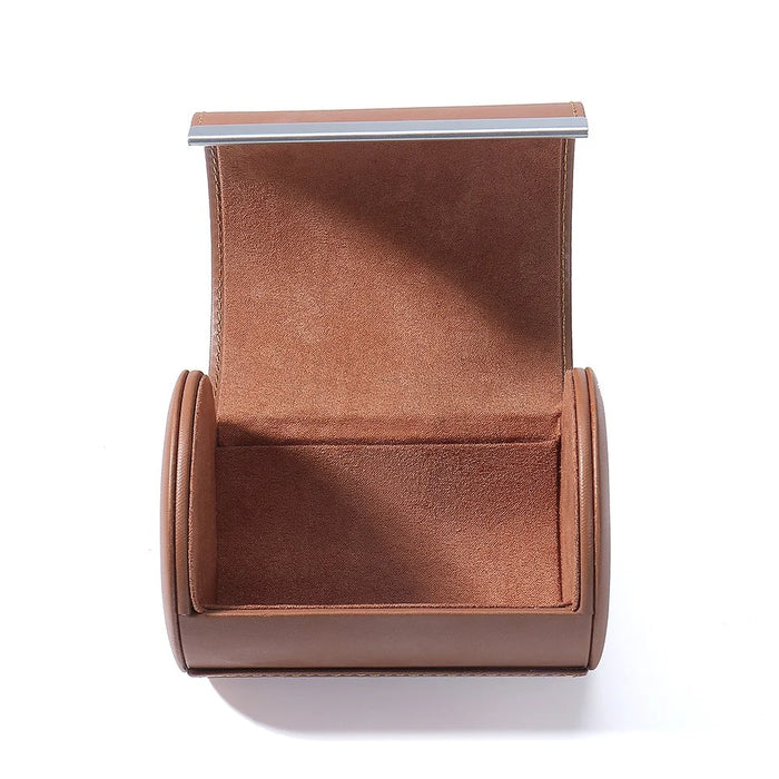 Round PU Leather Tie Storage Box Magnetic Closure Gift Storage Organizer Case for Men Business - Dark Brown - 4