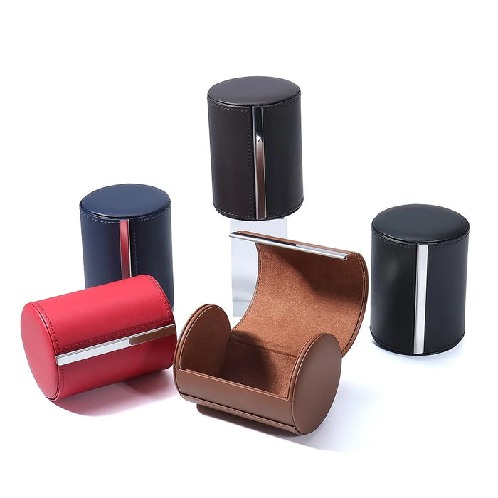 Round PU Leather Tie Storage Box Magnetic Closure Gift Storage Organizer Case for Men Business - Dark Brown - 6