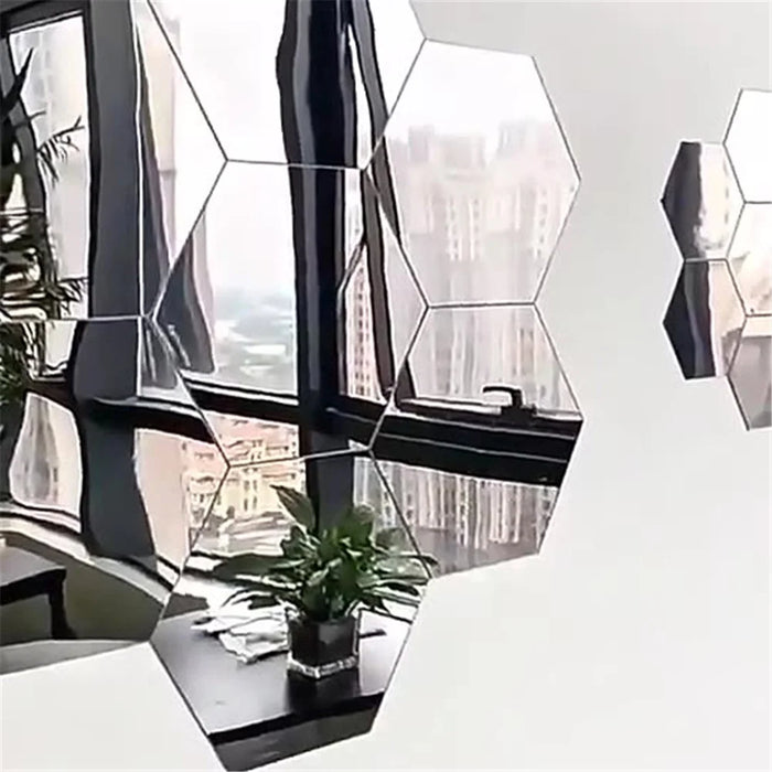 H01209 12Pcs 20 x 17.3 x 10cm Hexagon Mirror Wall Stickers for Living Room, Bedroom Acrylic Mirror Set Wall Sticker Decal - Silver - 4