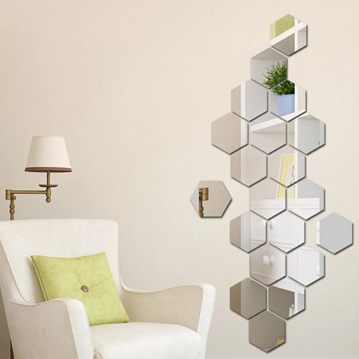 H01209 12Pcs 20 x 17.3 x 10cm Hexagon Mirror Wall Stickers for Living Room, Bedroom Acrylic Mirror Set Wall Sticker Decal - Silver - 5