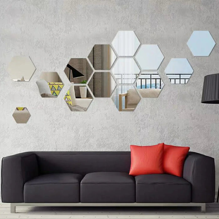H01209 12Pcs 20 x 17.3 x 10cm Hexagon Mirror Wall Stickers for Living Room, Bedroom Acrylic Mirror Set Wall Sticker Decal - Silver - 6